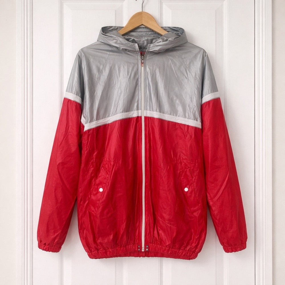 Vintage Silver Fox Rain Jacket Red Gray Hooded PVC Windbreaker Size L Retro